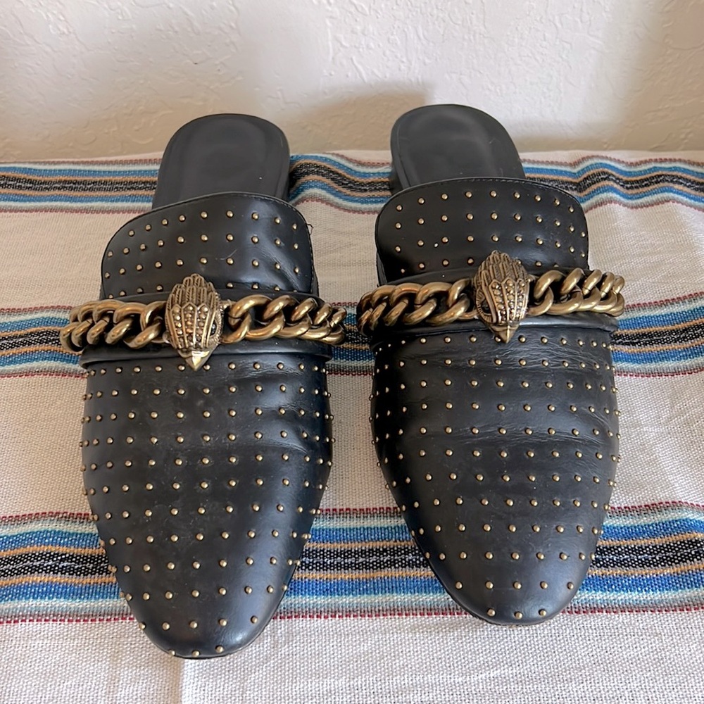 Kurt Geiger London Black Flat Chelsea Mule Gold Studs, Chain & Bird Detail